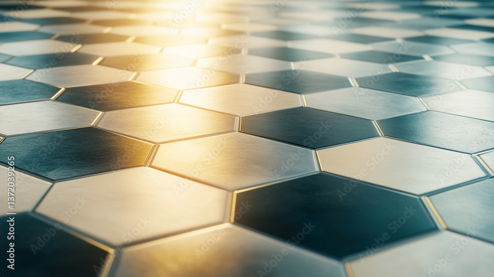 Poster a close up of a floor with hexagonal tiles in alternating colors and a bright light reflecting off t