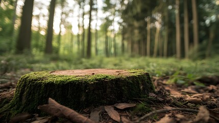 Fototapeta premium Mossy Tree Stump in a Sunlit Forest Background Peaceful Nature Scene