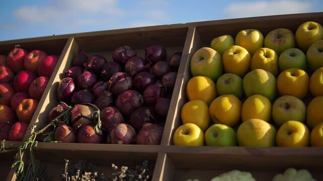 Stall with garden harvest of different fruits and vegetables, such as lemons, apples, onion, garlic and others