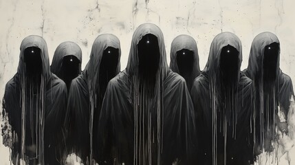 Hooded figures in black cloaks standing together