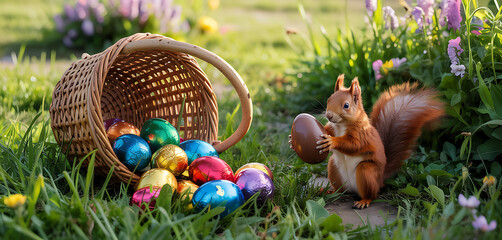 Squirrel joyfully interacting with colorful Easter eggs in a grassy park setting during springtime