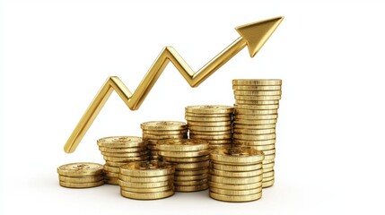 Stacks of Gold Coins with Rising Graph Arrow on a White Background