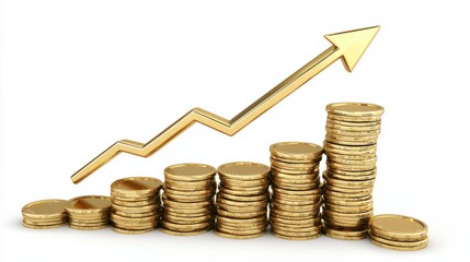 Gold Coins Stacking with Upward Arrow Representing Financial Growth