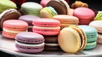 Obraz premium Delicious colorful macaroons, sweet gourmet treats on a wooden table