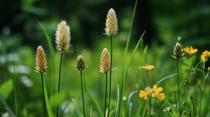 Naklejka premium Vibrant Grass Growth with Yellow Wildflowers in Sunny Meadow