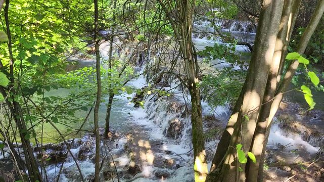 Faszinierende Sinterterrassen der Wei&szlig;en Lauter, ein beeindruckendes Naturwunder in Deutschland. Das klare Wasser flie&szlig;t in kleinen Kaskaden &uuml;ber die abgestuften Terrassen.