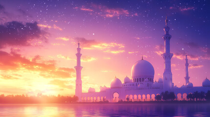 Fototapeta premium A grand mosque silhouette against a vibrant sunset sky with water reflection and starry night above