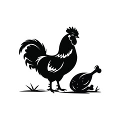 Rooster and Chicken Leg Silhouette – Farm Animal Black Vector Illustration