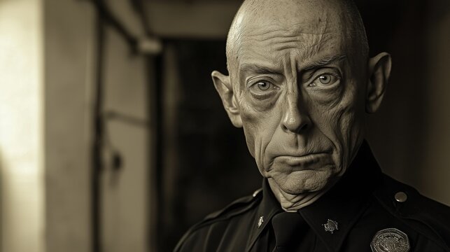 Elderly policeman in monochrome uniform portrait
