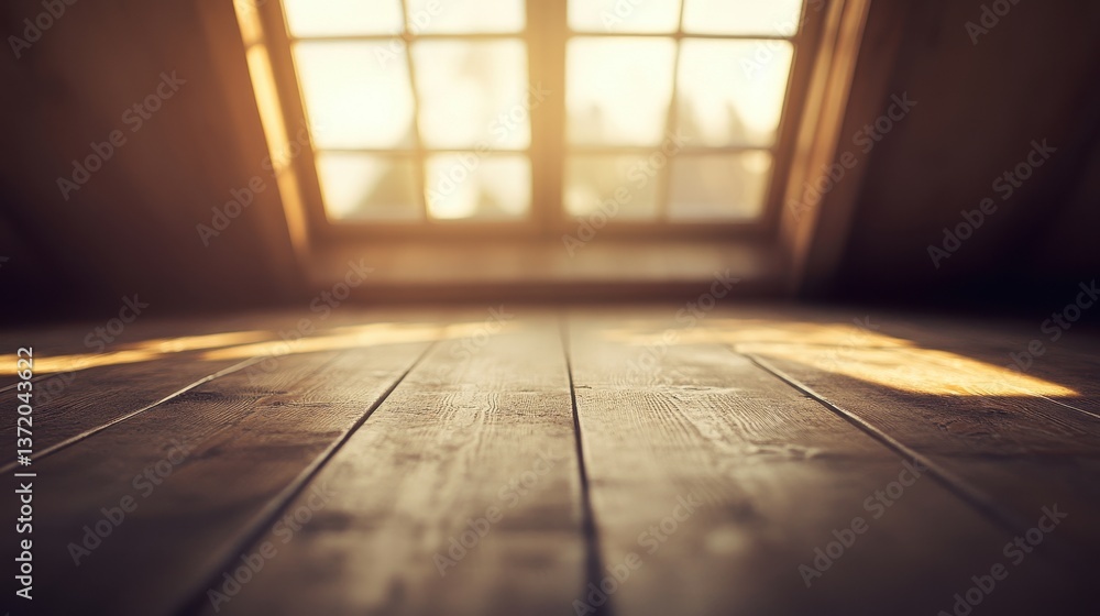 Poster sunlight streams onto a wooden floor from a bright window. it shows a clean backdrop for product dis