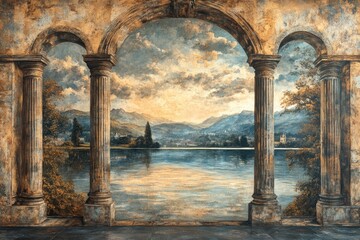 Serene landscape mural with classical arches framing tranquil la