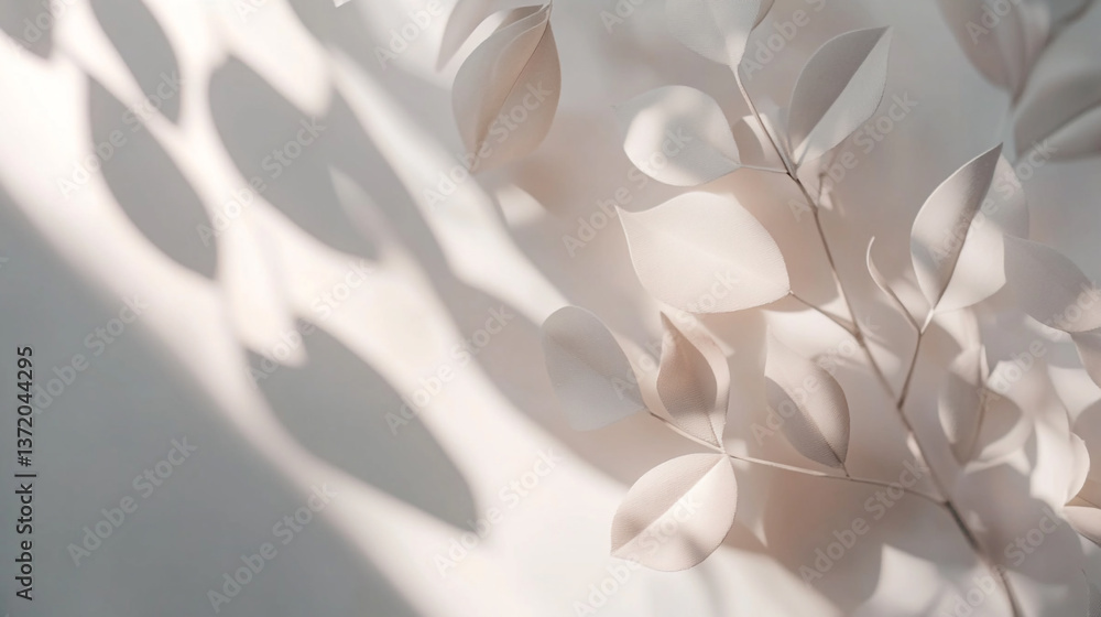 Poster soft light on white wall with branch and leaf shadows creating a minimalist aesthetic scene view
