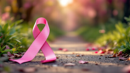 Pink Ribbon on a Path in Nature, Symbol of Breast Cancer Awareness and Support