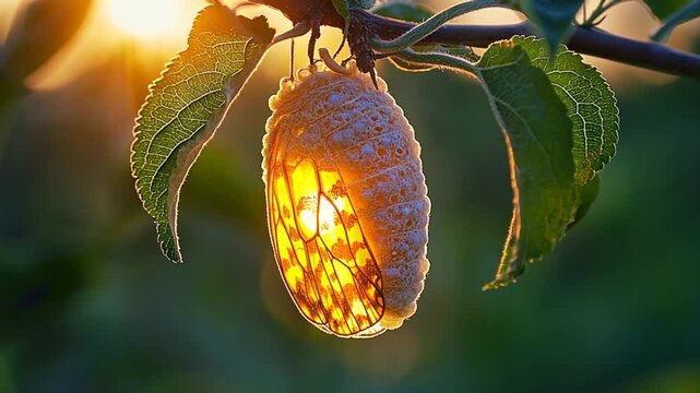 Sunrise chrysalis on branch, nature's beauty,  hidden transformation