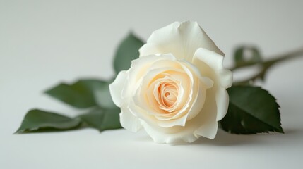 Cream rose bloom on a white surface, leaves out of focus. Use this for weddings, romantic gestures, or sympathy images.
