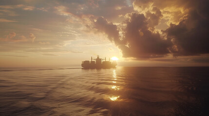 Cargo ship with stacked containers sailing through calm ocean at sunset, vast horizon with copy space. Maritime transportation, logistics and global trade concept.
