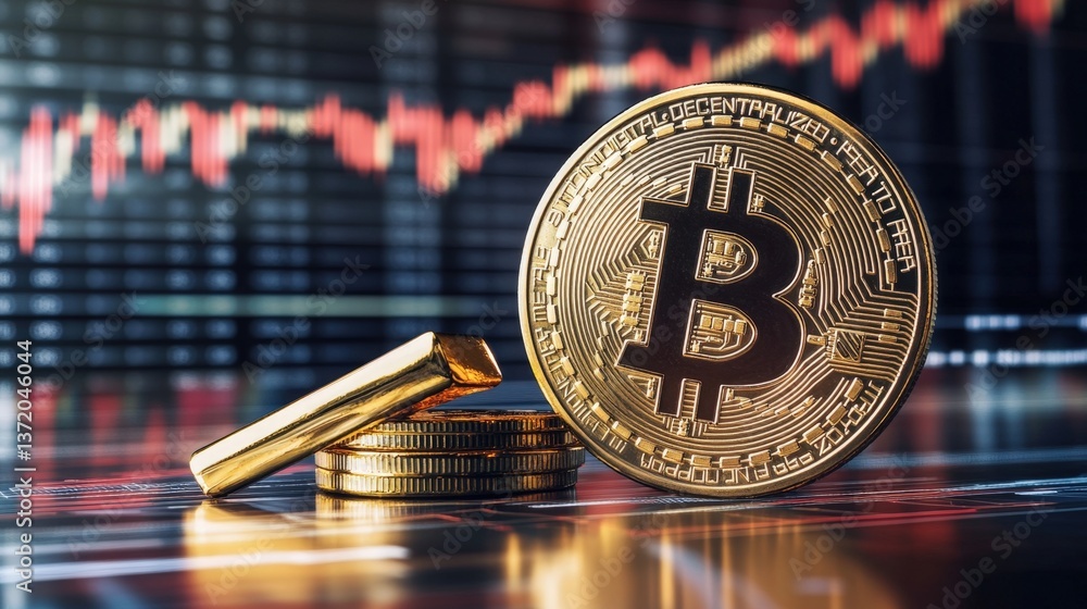 Poster bitcoin coin on chart background with gold color highlights