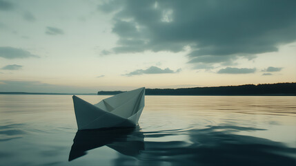 Obraz premium Paper boat on the lake, river. Yacht clipart sailing on a turbulent sea. 