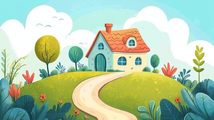 Fototapeta premium Charming Illustration of a Cozy House Surrounded by Nature Scene