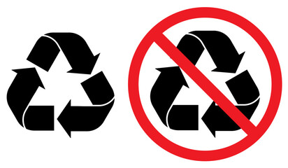 Recycle and recycling not allow sign in white background, recycling icon, no recycle icon, sign, symbol, vector illustration. 