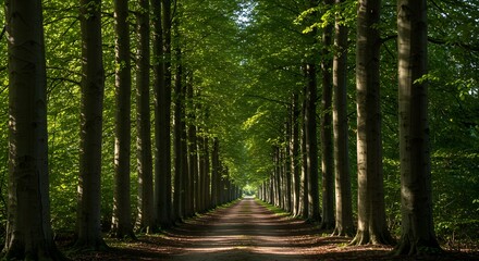 Obraz premium Scenic Forest Path Perspective View through Tall Trees in Summer