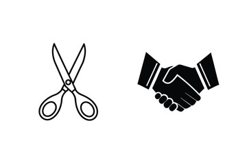 Scissors symbolize contract termination handshake depicts agreement finalization