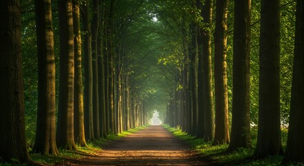 Naklejka premium Serene pathway through tall trees in a vibrant green forest setting