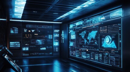 Futuristic control room with interactive displays
