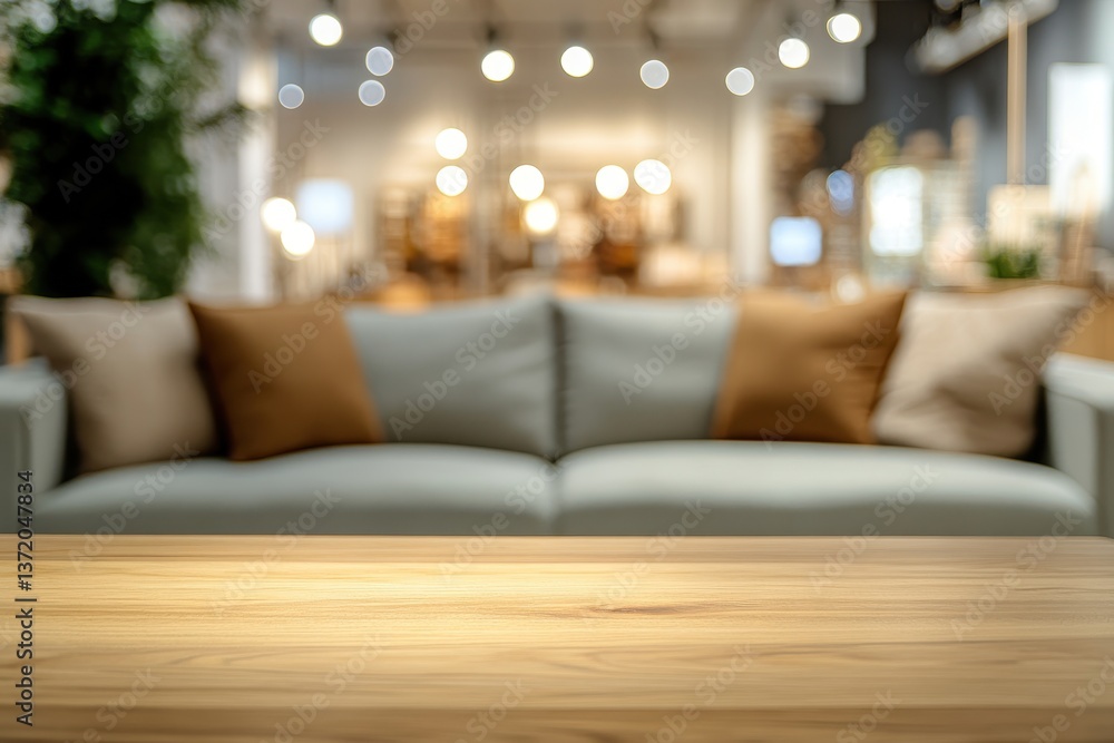 Poster wood table with gray sofa and bokeh light background. ideal for showcasing products or overlaying te