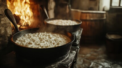 Traditional Cooking Process in a Rustic Kitchen with Sweets