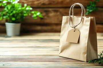 High Resolution Picture of Mockup Craft Paper Shopping Bag with Tag on Vintage Wooden Table