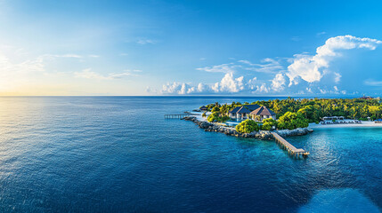 Fototapeta premium Aerial view of a tropical island with clear blue water and luxurious villas under a bright sky