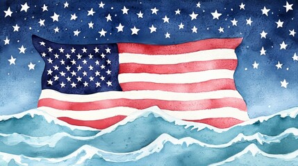 Obraz premium Watercolor American Flag Waves Ocean View Art Piece Natural Environment Serene Concept