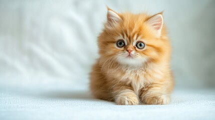 Adorable fluffy orange kitten with blue eyes sitting quietly
