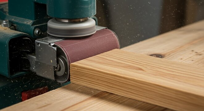Sanding Wood with Belt Sander in Carpentry Workshop for Smoother Finish