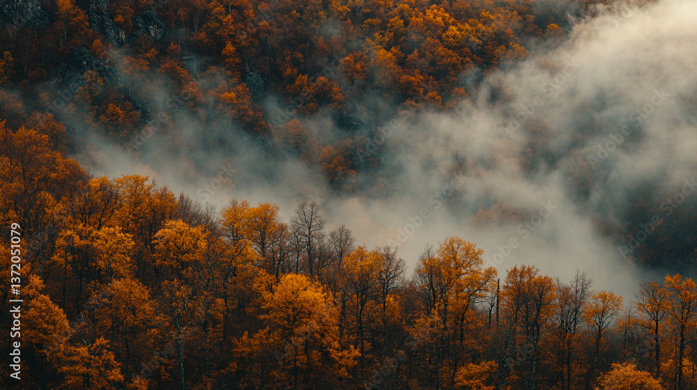 Aufkleber aerial view of a forest in autumn with fog rolling through the trees and mountain in the background
