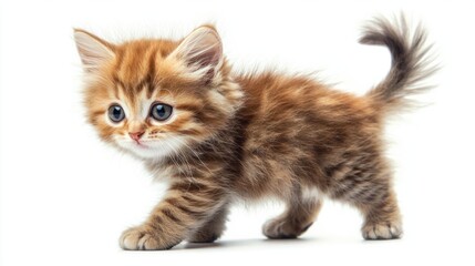 Naklejka premium Adorable fluffy ginger kitten walking with curious expression