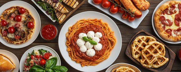 Delicious Italian Food: Savory Pasta with Marinara Sauce and Mozzarella, Pizza, Waffles, and Salad ? A Culinary Delight!