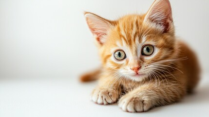 Obraz premium Adorable orange tabby kitten with big green eyes, close-up view