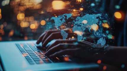 Global connectivity, hands typing on laptop, world map overlay