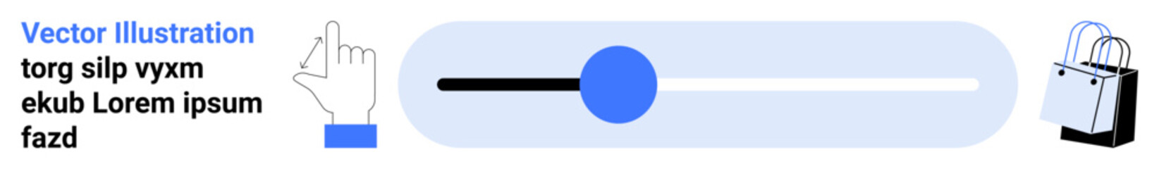 Hand gesturing towards slider control, blue progress indicator, and shopping bag. Ideal for shopping interface, e-commerce, retail UI, gesture control, minimal design, progress flat landing page