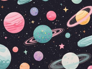 Whimsical Watercolor Planets and Stars Cosmic Journey Art Illustration Dark Space Dreamy Night Sky Vibes