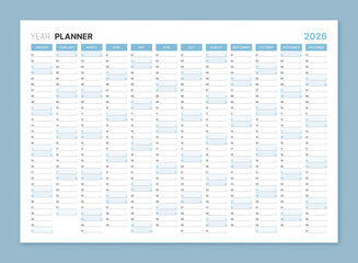 2026 year planner, blank blue annual wall calendar for daily agenda. Schedule page journal, stationery calendar, organizer, planner template with space for personal notes vector illustration