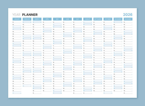 2026 year planner, blank blue annual wall calendar for daily agenda. Schedule page journal, stationery calendar, organizer, planner template with space for personal notes vector illustration