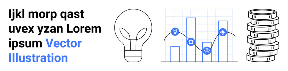 Lightbulb, bar graph with data points, coin stack. Ideal for business strategy, analysis, innovation, finance, economics, technology a simple landing page