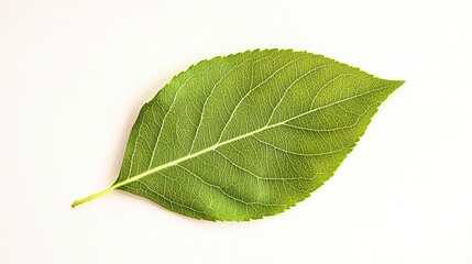 Fototapeta premium Green leaf on a white background, high-resolution, professional color grading, clean, sharp focus, perfect for botanical, nature, and environmental themes.