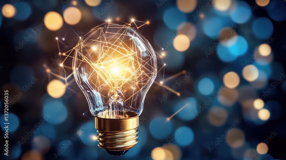 Poster glowing light bulb with abstract network on blue bokeh background