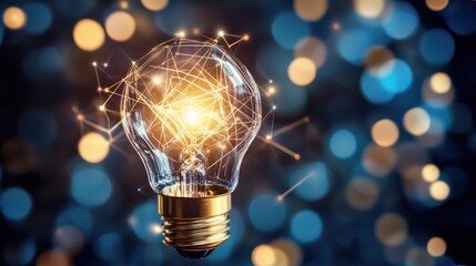 Glowing Light Bulb with Abstract Network on Blue Bokeh Background