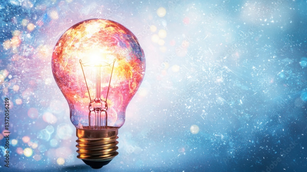 Poster creative light bulb glow with colorful bokeh background