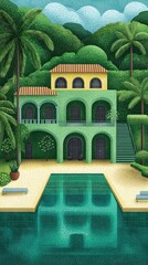 Fototapeta premium Tropical villa with pool, surrounded by lush greenery and vibrant colors in a peaceful scenery